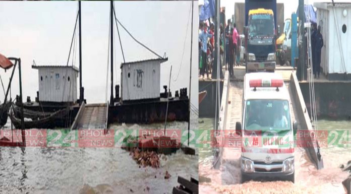 ভোলার ইলিশা ফেরিঘাট জোয়ারের পানিতে তলিয়ে গেছে,৬ ঘন্টা ফেরি চলাচল বন্ধ