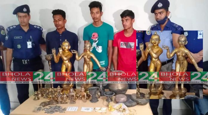 ভোলায় মন্দিরের প্রতিমা ও স্বর্ণালংকার চুরির ঘটনায় আটক-৩ প্রতিমা উদ্ধার